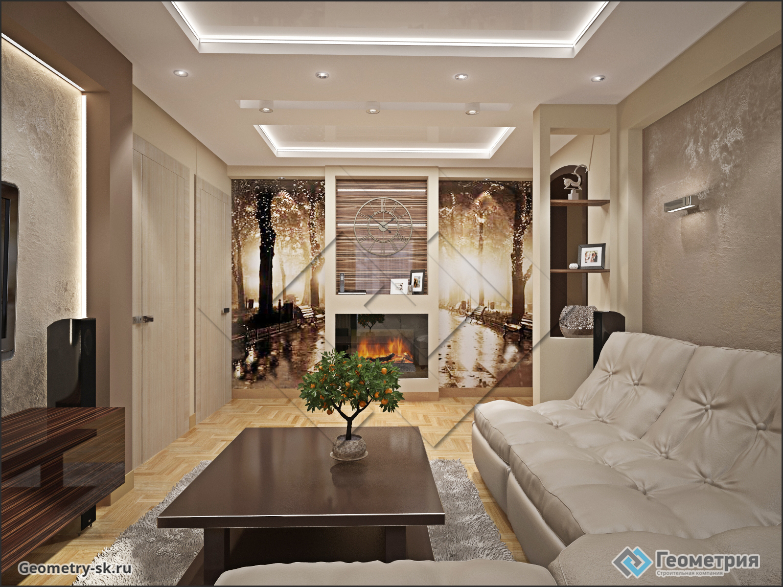Гостиная с многоуровневыми потолками с подсветкой и электро-камином